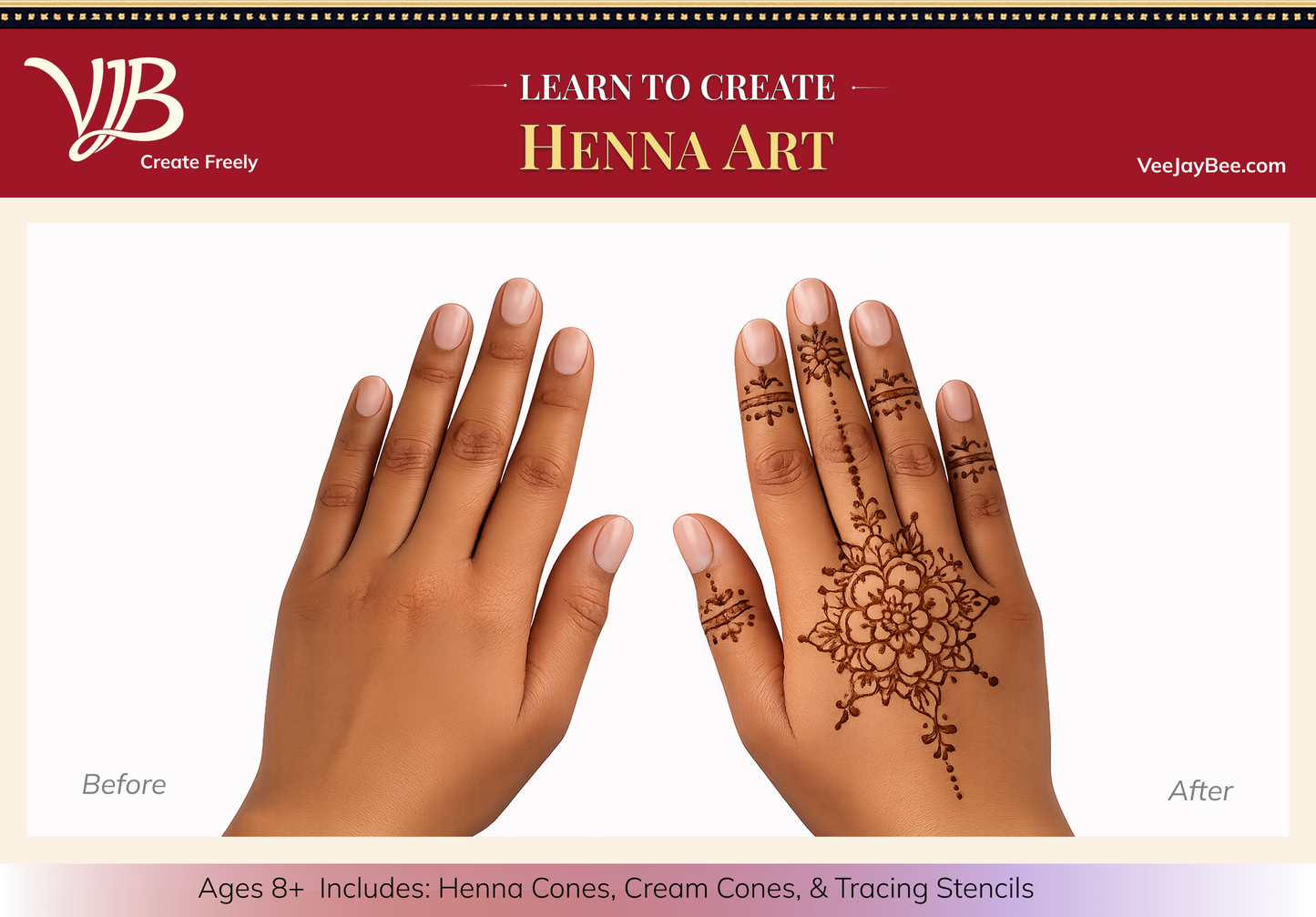 Advertisement for VeejayBee Henna Art kit showing a hand with and without henna design.