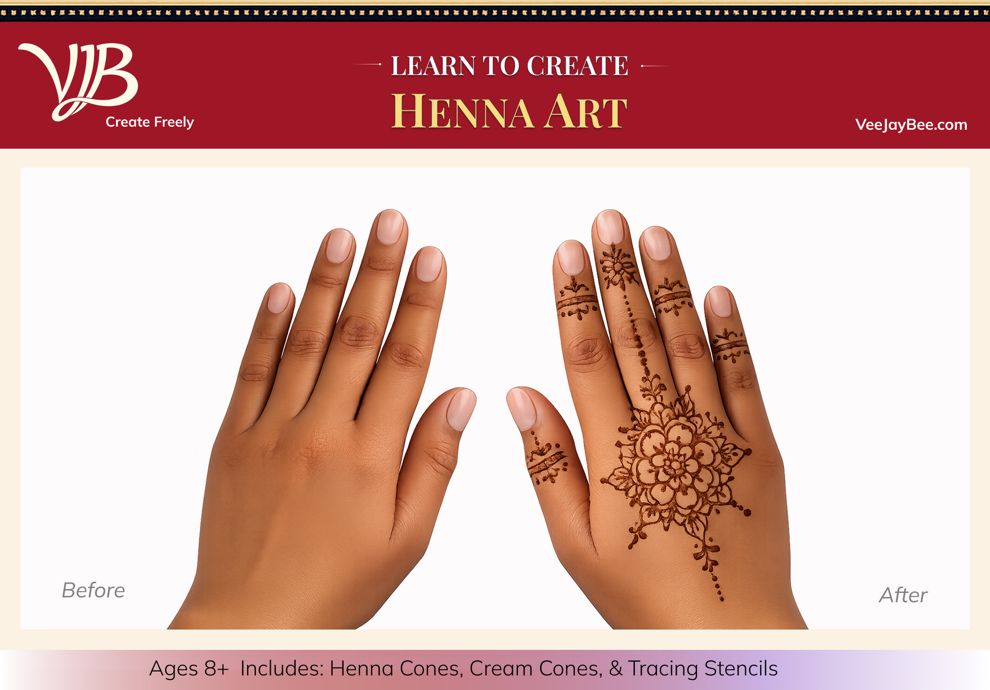 Advertisement for VeejayBee Henna Art kit showing a hand with and without henna design.