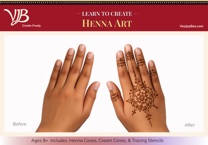 Advertisement for VeejayBee Henna Art kit showing a hand with and without henna design.