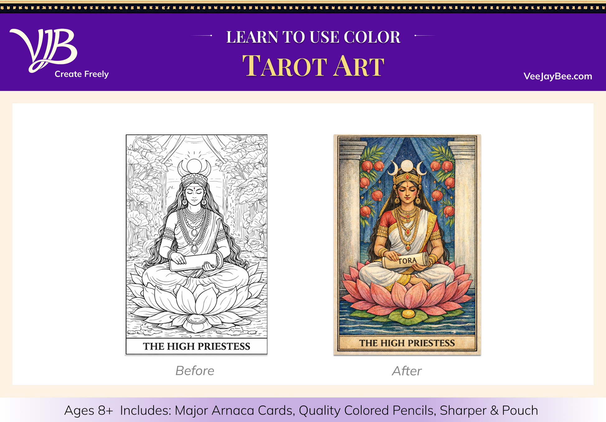 Comparison of 'The High Priestess' tarot card before and after colorization with VeejayBee branding.