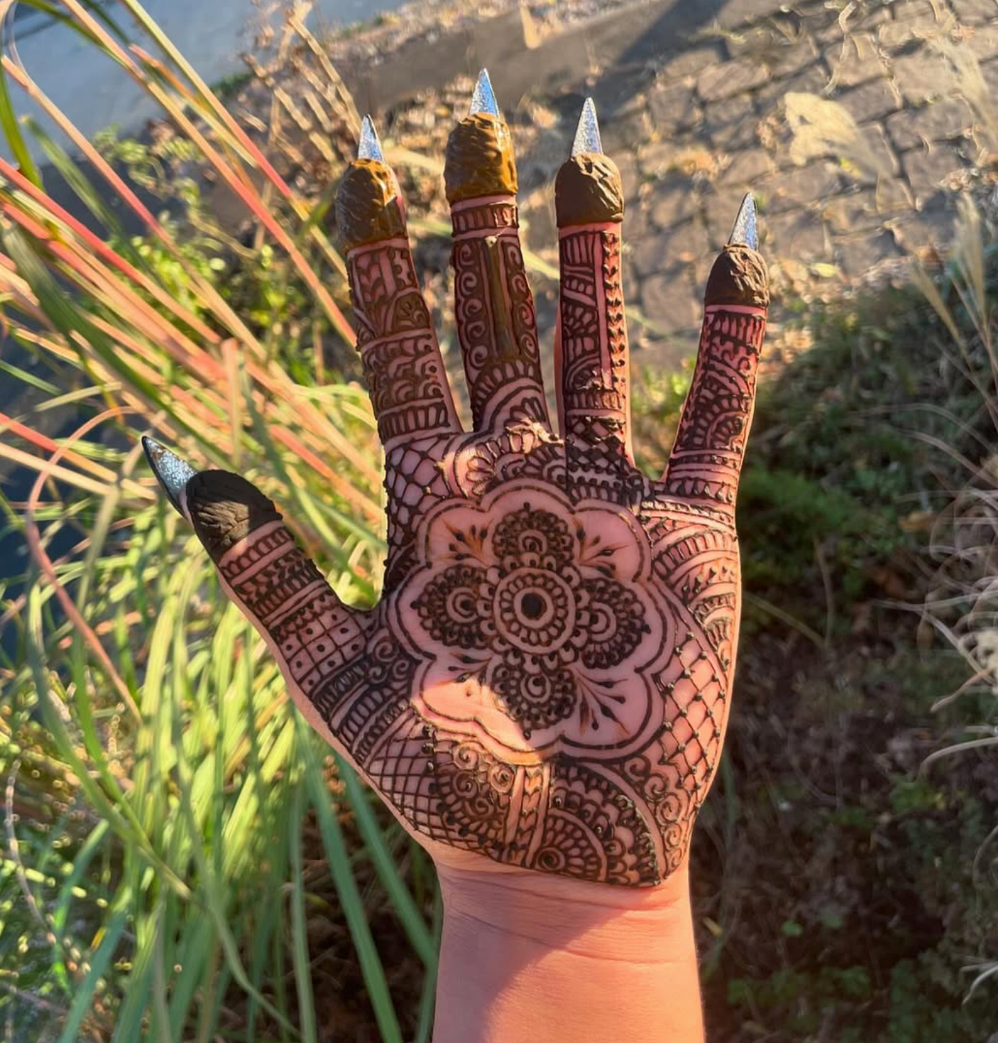 Hand with intricate henna design outdoors
