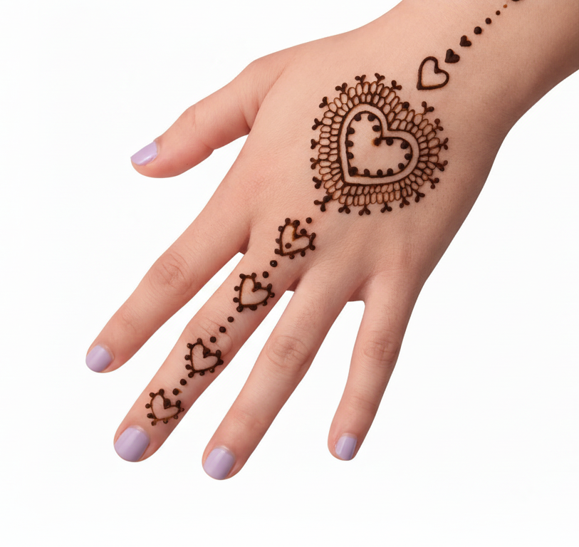 Hand with henna heart designs on a white background
