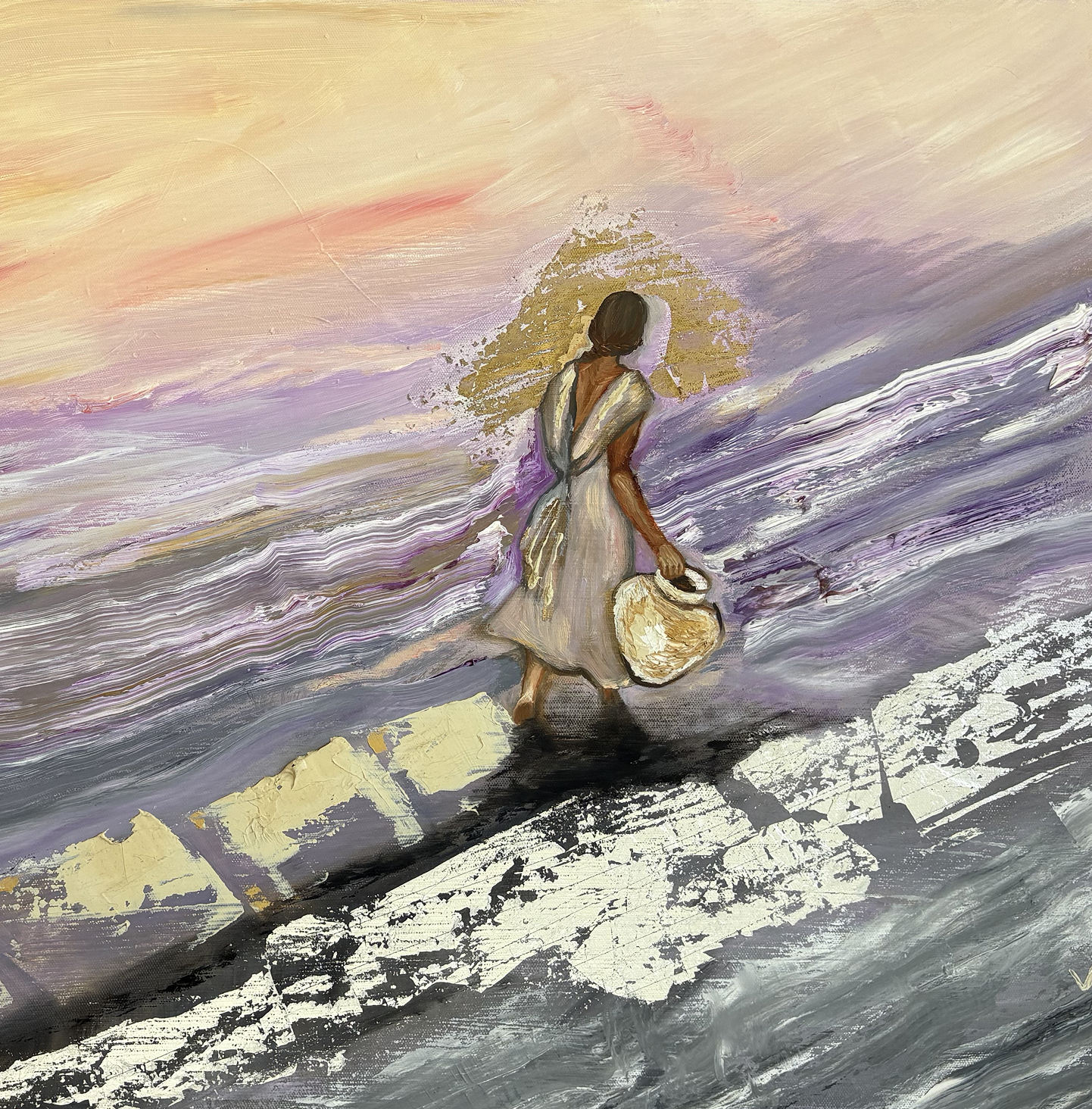 Artistic depiction of a person walking along a path with a colorful sky.
