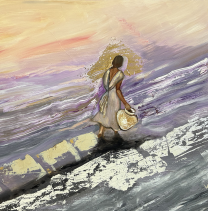 Artistic depiction of a person walking along a path with a colorful sky.